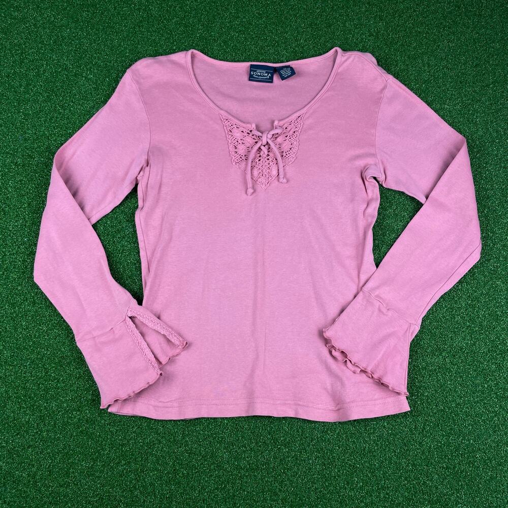 Vintage Y2K Sonoma Salmon Pink Crochet Tie Detail Flowy Sleeve Top Sz XS